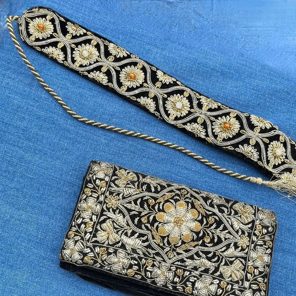 Vintage Hand-Embroidered Velvet Evening Clutch Made in India | Black & Gold